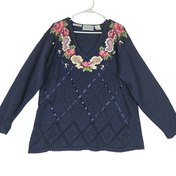 Jantzen Classics Sweaters - VTG Jantzen Classics Hand Embroidered V-neck Sweater Womens Large Navy Blue 0735
